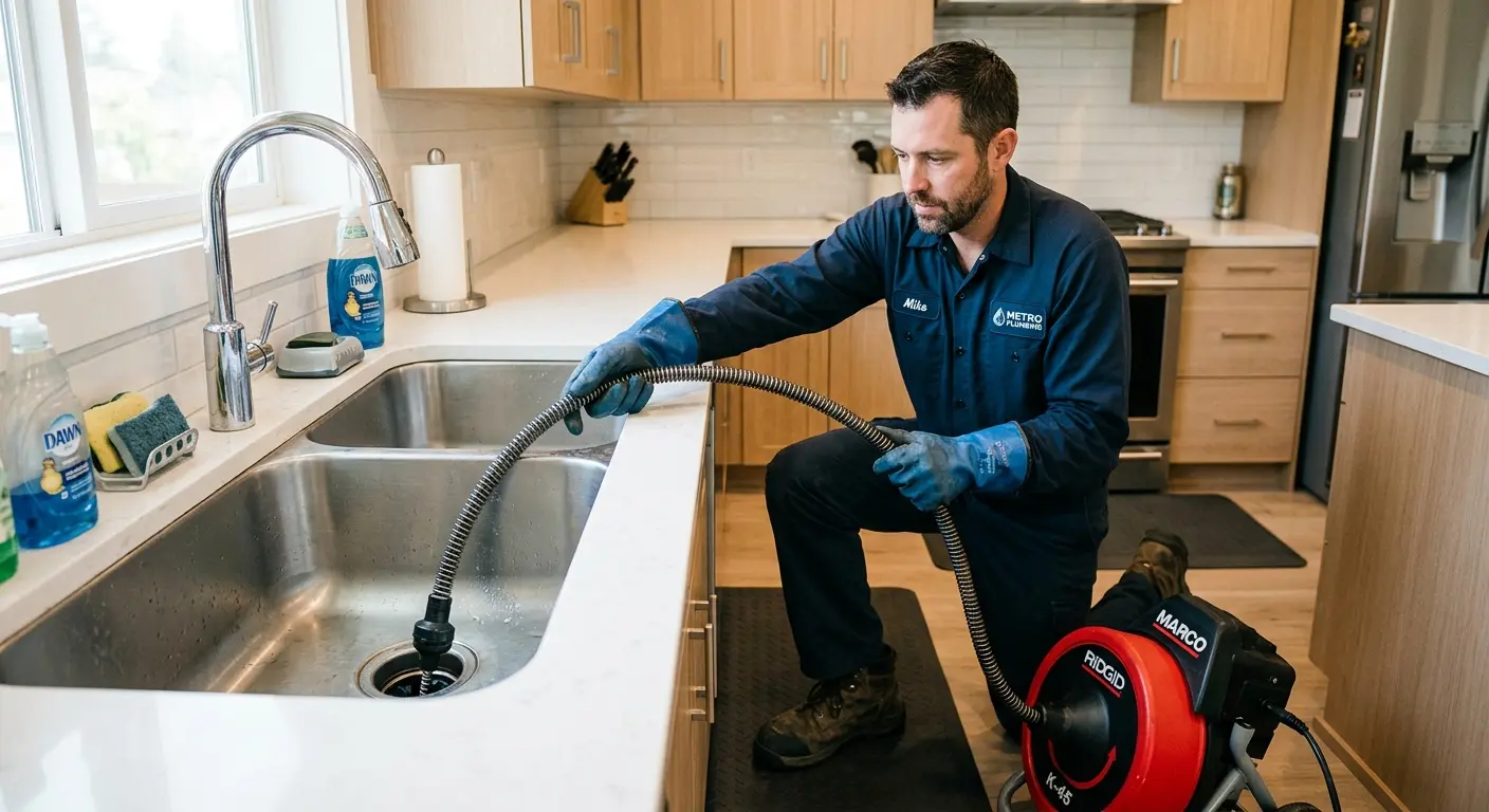 Drain cleaning technician using a motorized snake on a kitchen sink in Hendersonville