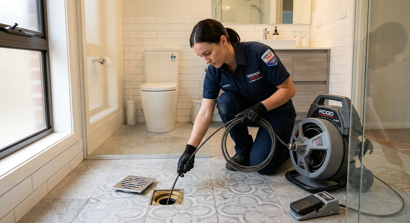 Technician clearing a bathroom floor drain for Sewer Line Installation in Hendersonville